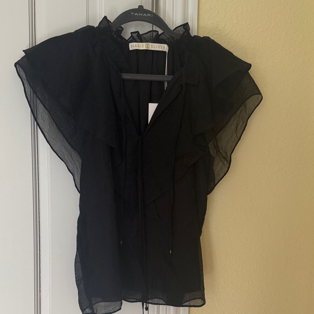 Marie Oliver Black Ruffled Flutter-Sleeve Chiffon Top
